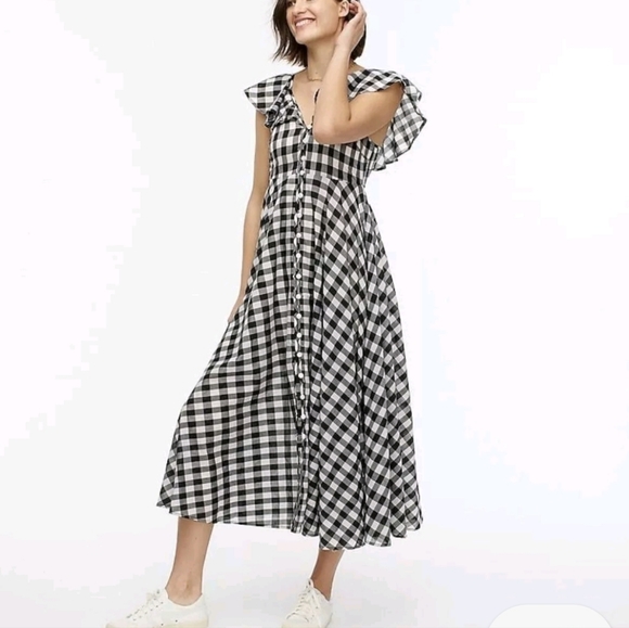 JCrew Beachwear Button-up ruffle long dress in gingham XS Gray Black 100% Cotton - Picture 1 of 9